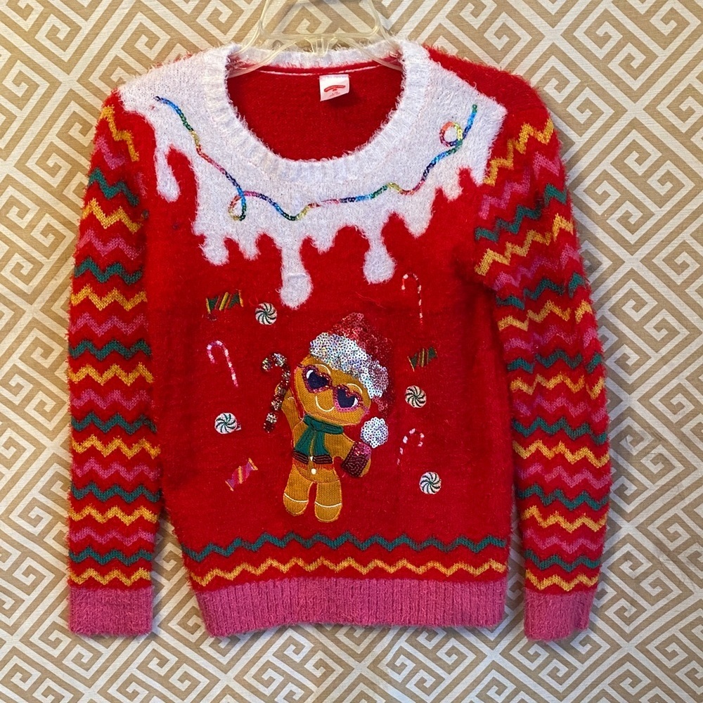 Holiday Time Festive Red Sweater with Gingerbread and Candy Accents